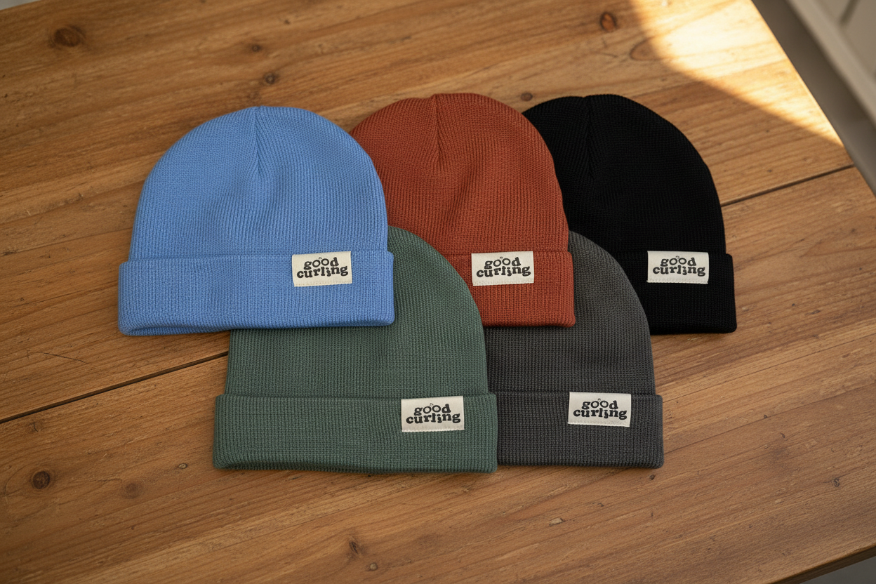 Five beanies in blue, red, green, grey, and black on a wooden surface with 'good curling' label.