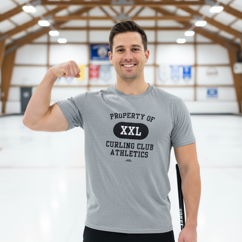 Man wearing a gray t-shirt with 'Property of XXL Curling Club Athletics' text, flexing his arm in an indoor curling rink.