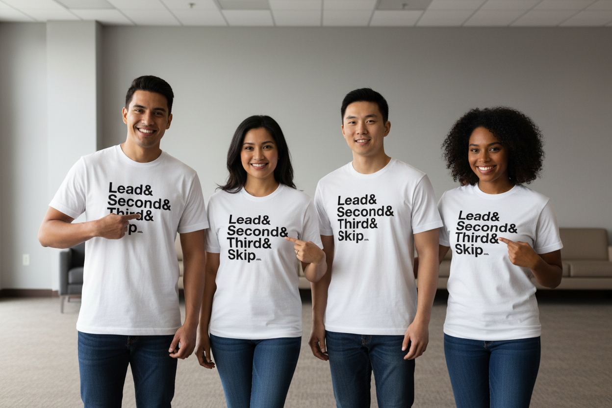 Four people wearing white t-shirts with Lead & Second & Third & Skip printed on the chest