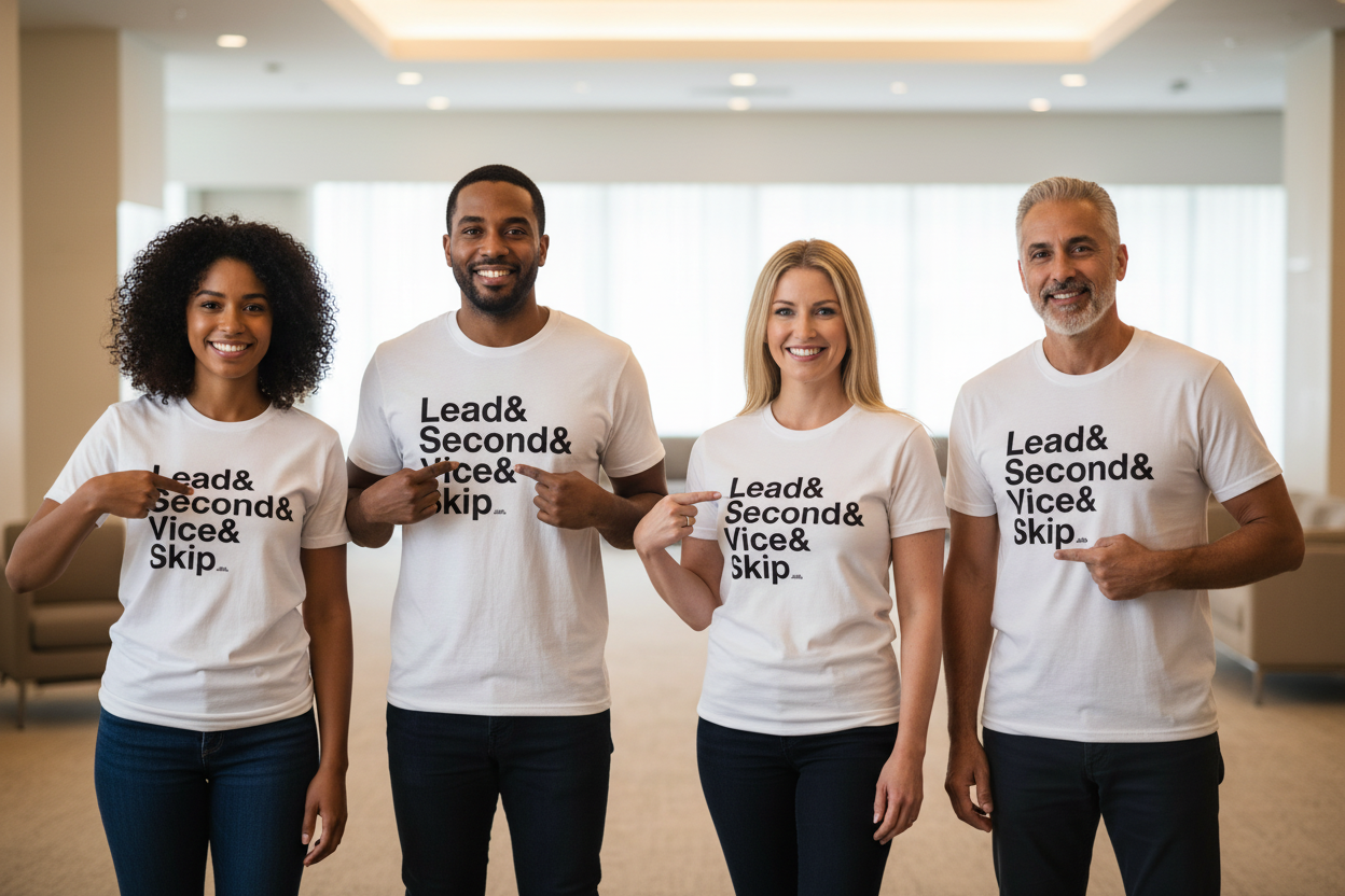 Four people wearing white t-shirts with Lead & Second & Vice & Skip printed on the chest