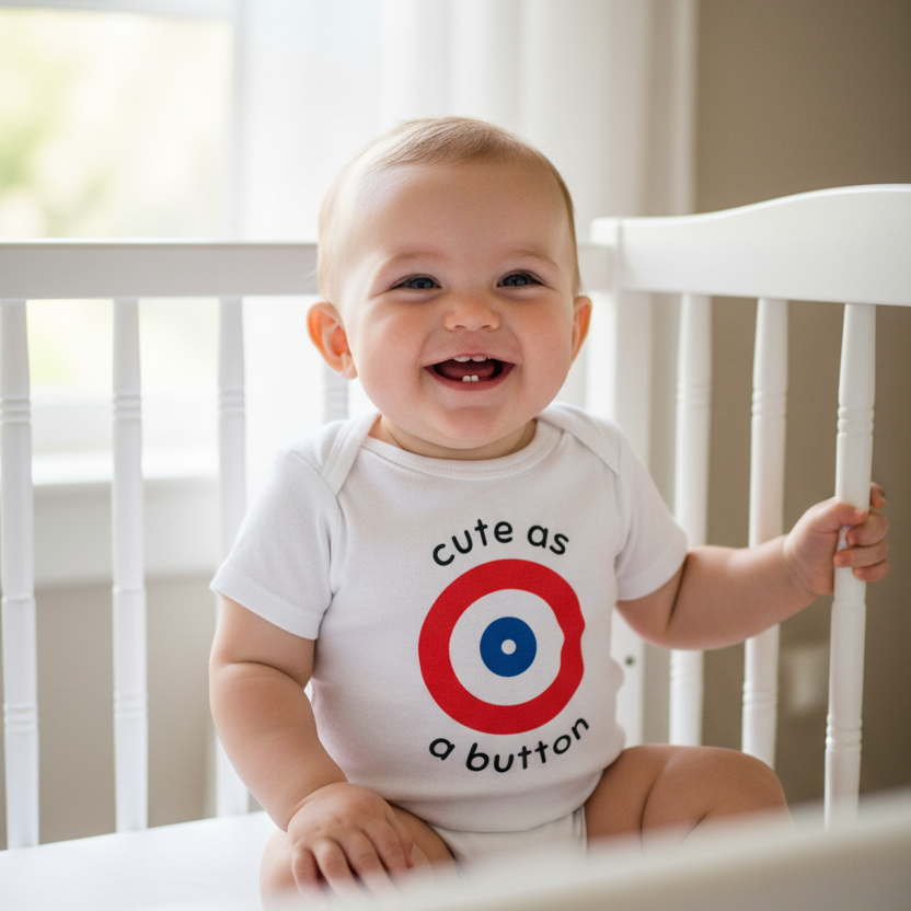 Baby wearing a onesie with a curling house and Cute as a button text