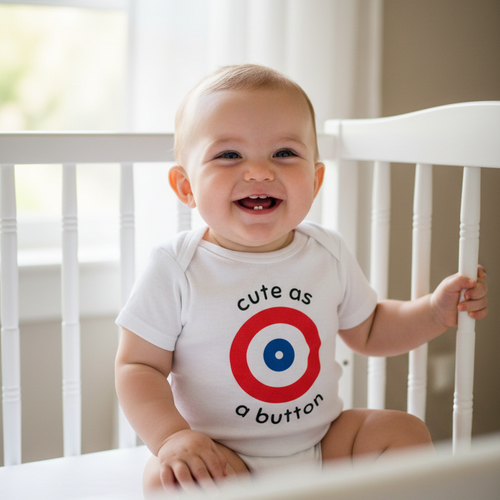 Baby wearing a onesie with a curling house and Cute as a button text