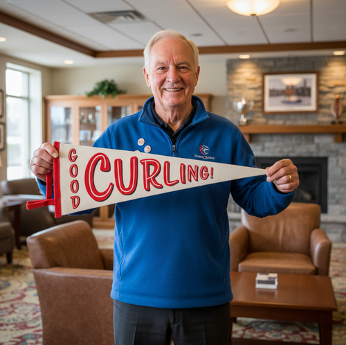 Man holding a 'Good Curling!' Felt pennant in a curling lounge