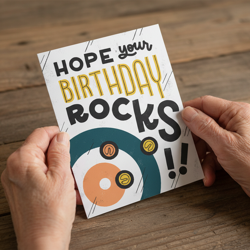 Hands holding a birthday card with 'Hope your Birthday Rocks!' text