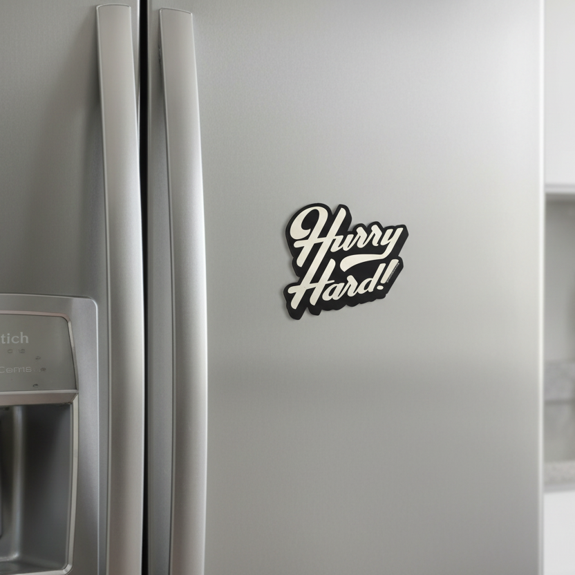 Stainless steel refrigerator with a 'Hurry Hard!' magnet on its door.