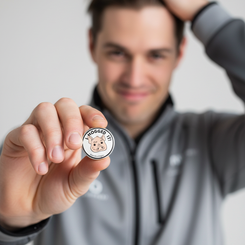 Man holding a small round I Hogged It! acrylic pin 