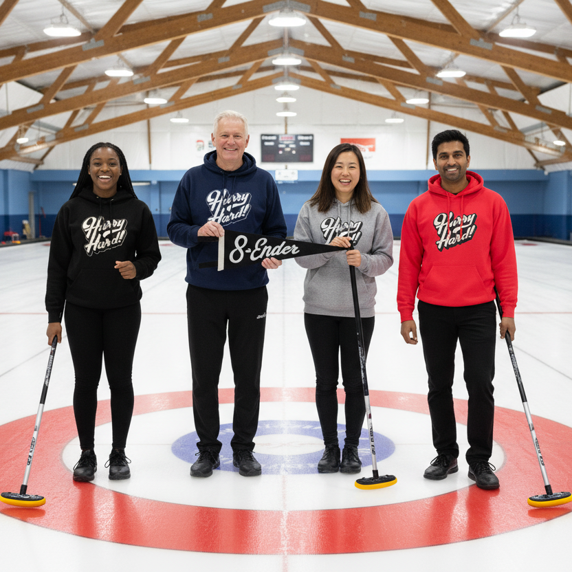 Curling Team in Hurry Hard Hoodies with 8-Ender Pennant 