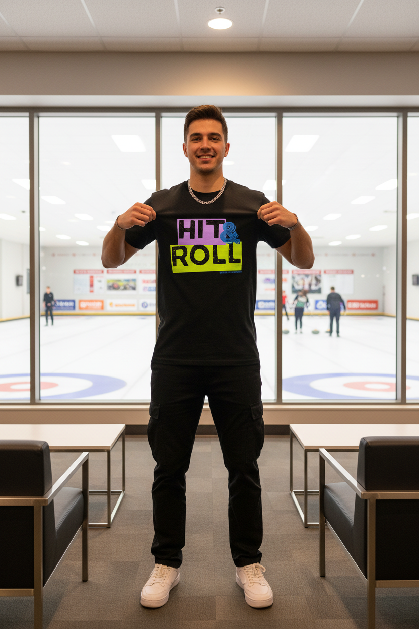 Person holding a black t-shirt with colorful HIT & ROLL text in a curling arena