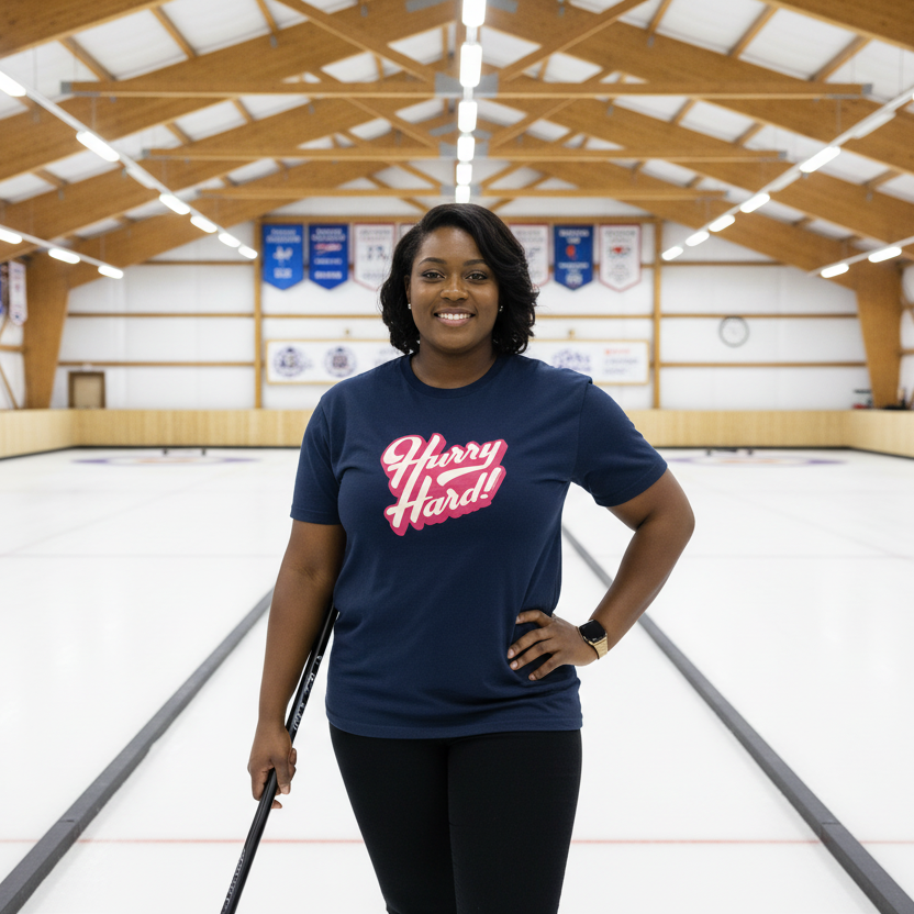 A woman wearing a navy t-shirt with a pink Hurry Hard image printed on the chest